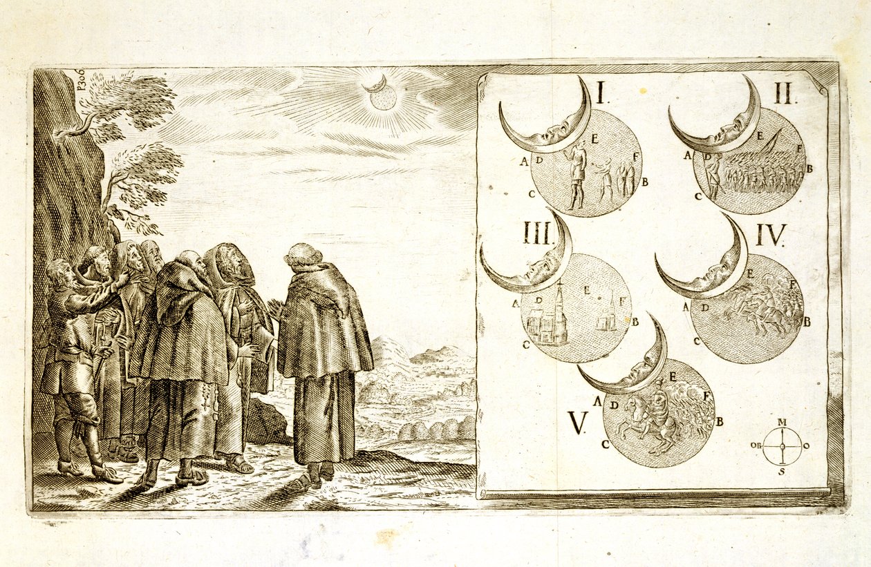 En militär attack planerad i enlighet med faserna av en förmörkelse, illustration från en bok om de osmanska kampanjerna i Europa, graverad av Paul Furst (ca 1605-66) av German School