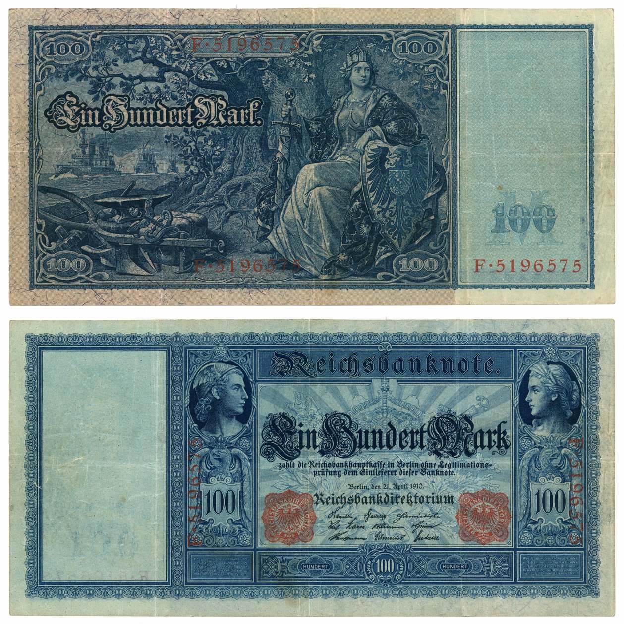 En hundra mark sedel, 1910 (recto och verso) av German School