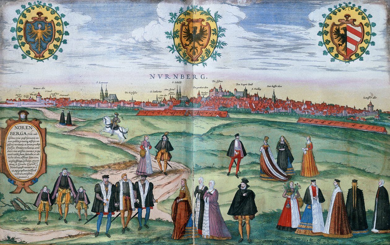 En panoramautsikt över Nürnberg, med figurer i lokal klädsel i förgrunden, c.1575 av German School