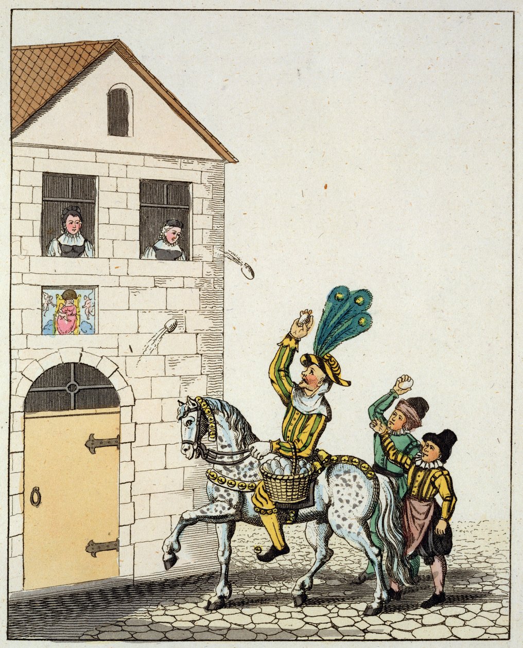 En runddans på stadens stora torg, från Old Nurembergs Customs and Jester on a Piebald Horse Throwing Eggs, från Old Nurembergs Customs and Practices in Games and Songs, återutgiven 1831 (färg av German School