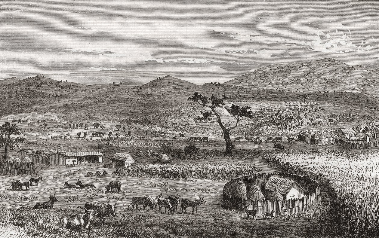 En bosættelse i Kouihara, Vestafrika, illustration fra 