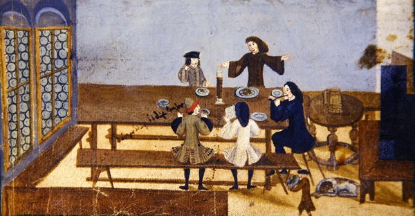 En kroginteriörscen med figurer som dricker, ca 1690 (gouache på papper) av German School