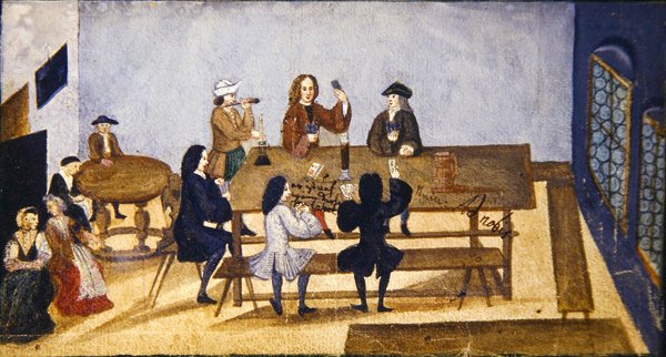 En kroginteriörscen med figurer som spelar kort, ca 1690 (gouache på papper) av German School