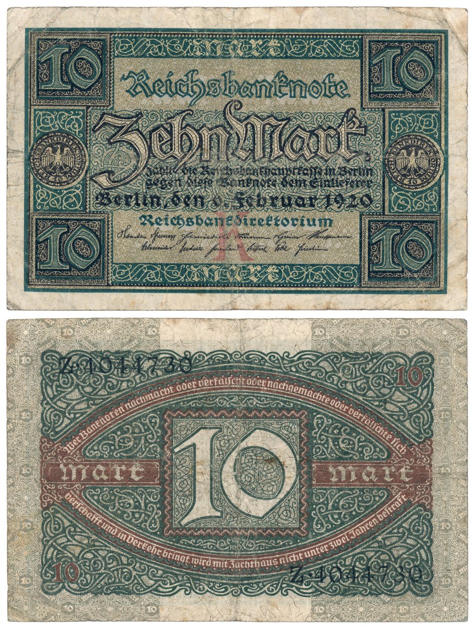 En tio marks sedel, 1920 (recto och verso) av German School