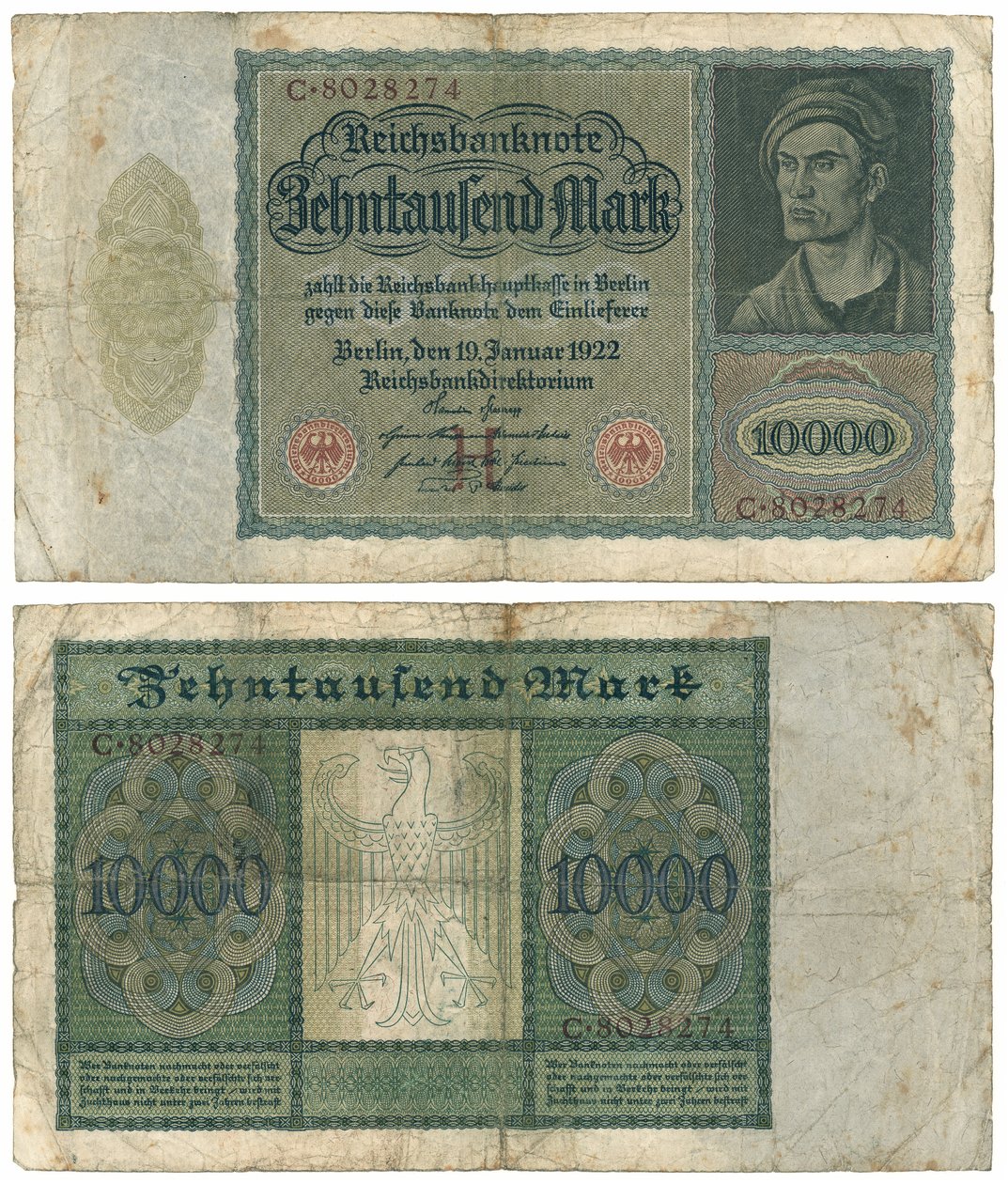 En tiotusenmarkssedel, 1922 (recto och verso) av German School
