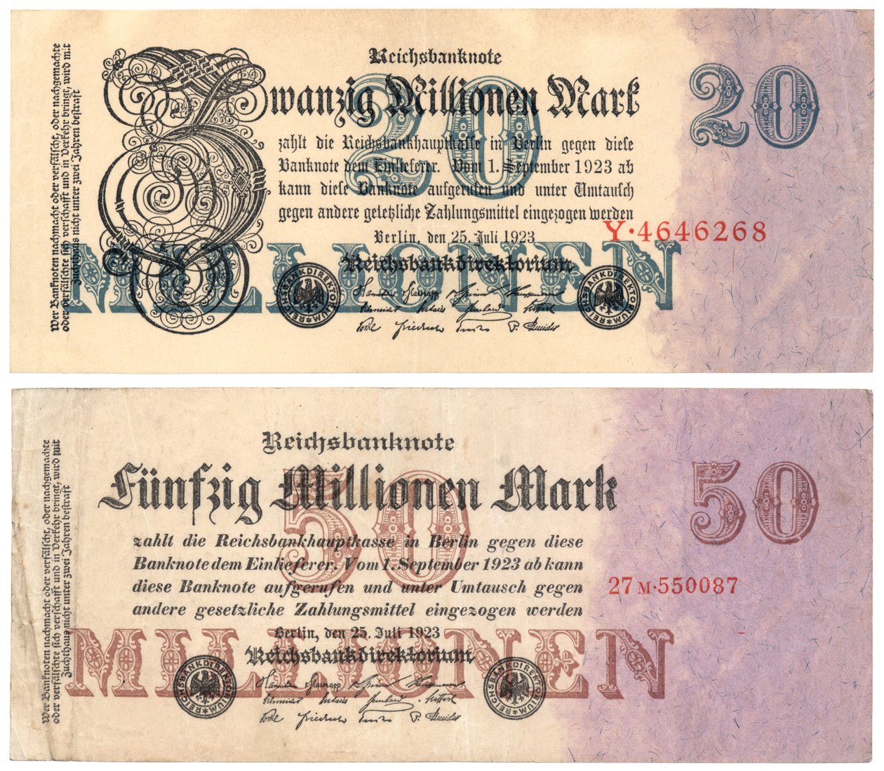 En tjugo och femtio miljoner marksedlar, 1923 av German School