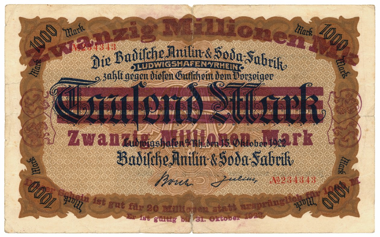 En sedel på tjugo miljoner mark, 1922 av German School