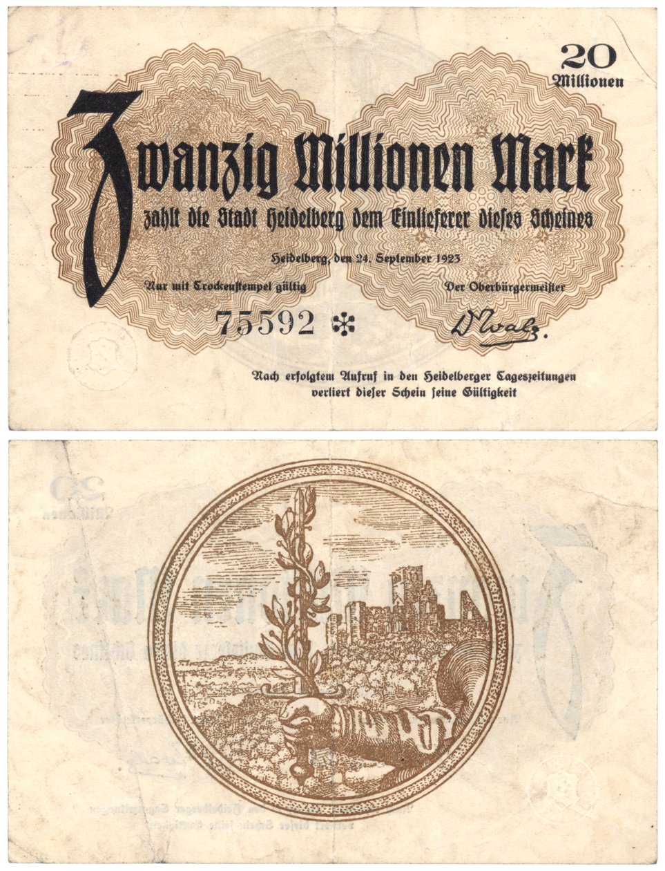 En sedel på tjugo miljoner mark, 1923 (recto and verso) av German School