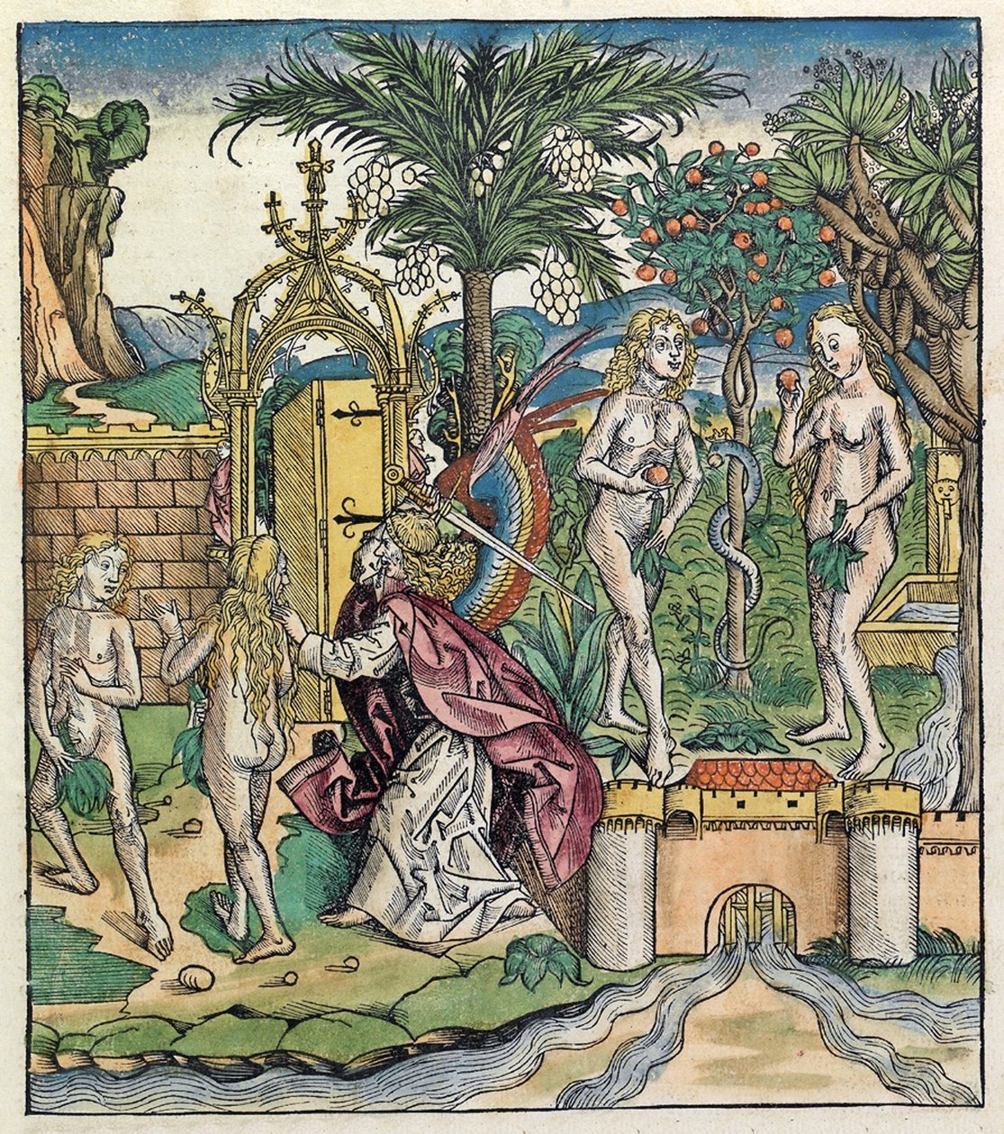 Adam och Eva förvisas från Eden, publicerad i Nuremberg Chronicle, 1493 av German School