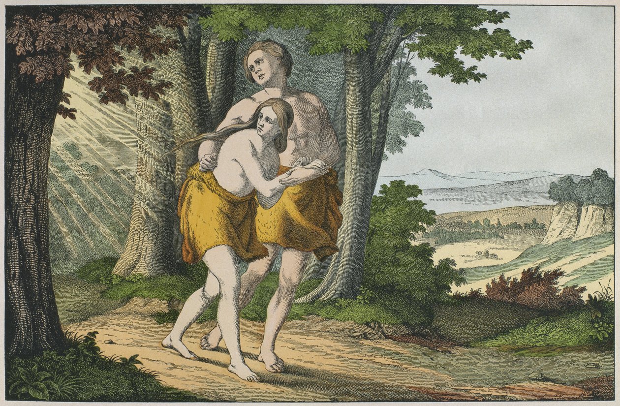 Adam och Eva fördrivna från paradiset, illustration från Lancien Testamentet, utgiven av Jakob Ferdinand Schreiber, Esslingen (färgstick) av German School