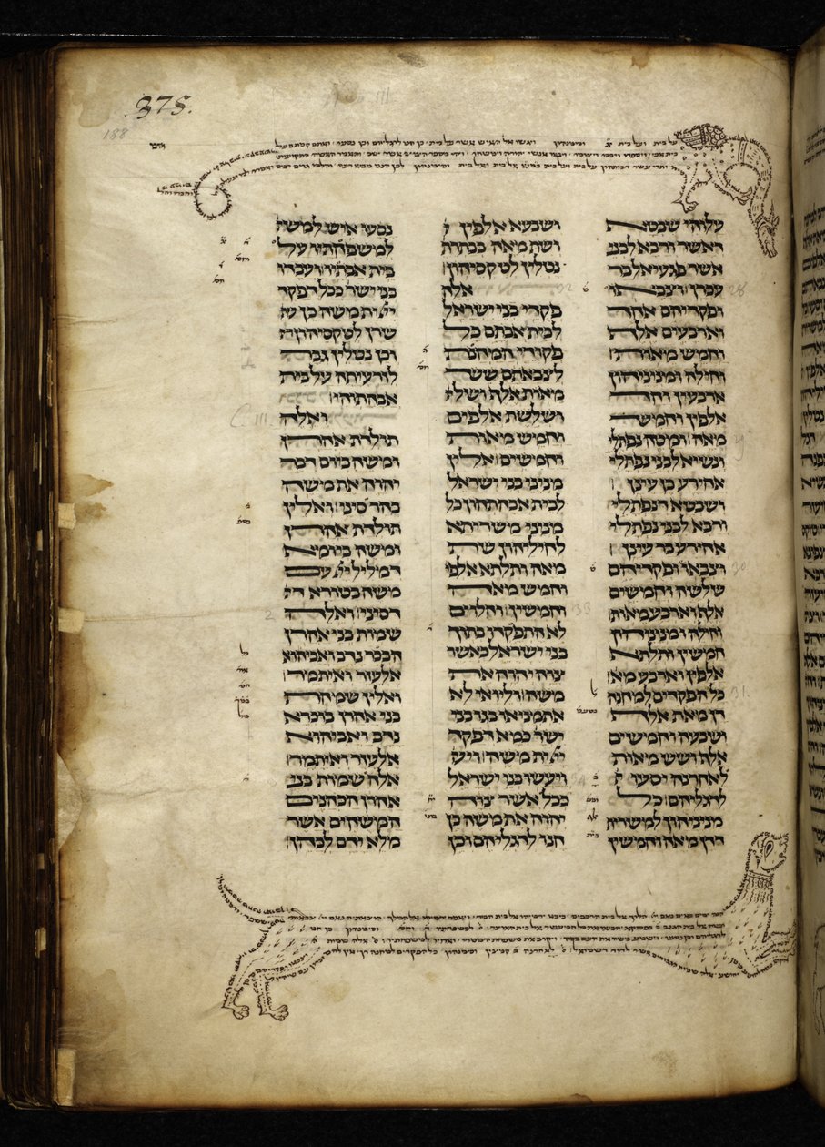 Lägg till. 21160, f.188, Mikrografi av två hundar som jagar ett rådjur, träd med fåglar och en drake, vid Nummer (kap. 2-3). av German School