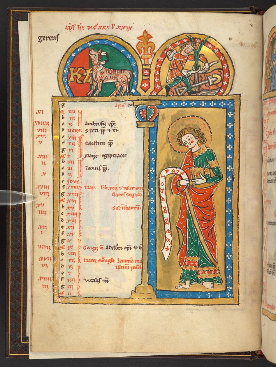 Lägg till. 60629, f.2v april, del av 12 kalendersidor i guld och färger, med arkitektoniska ramar som var och en innehåller ett stjärntecken, en apostel och ett månadsarbete (vellum) av German School