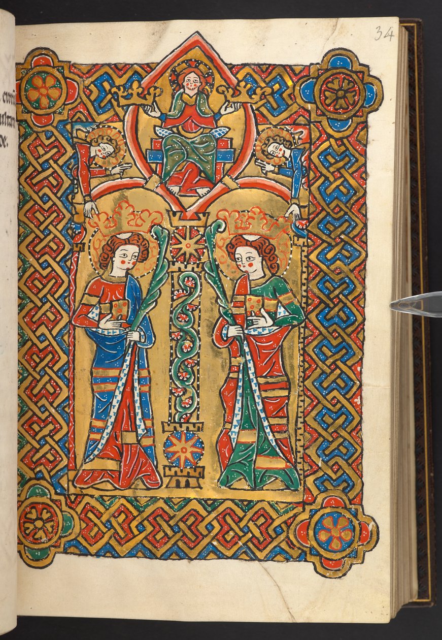 Lägg till. 60629, f.34 Kristus och änglar kröner två klosterhelgon (vellum) av German School