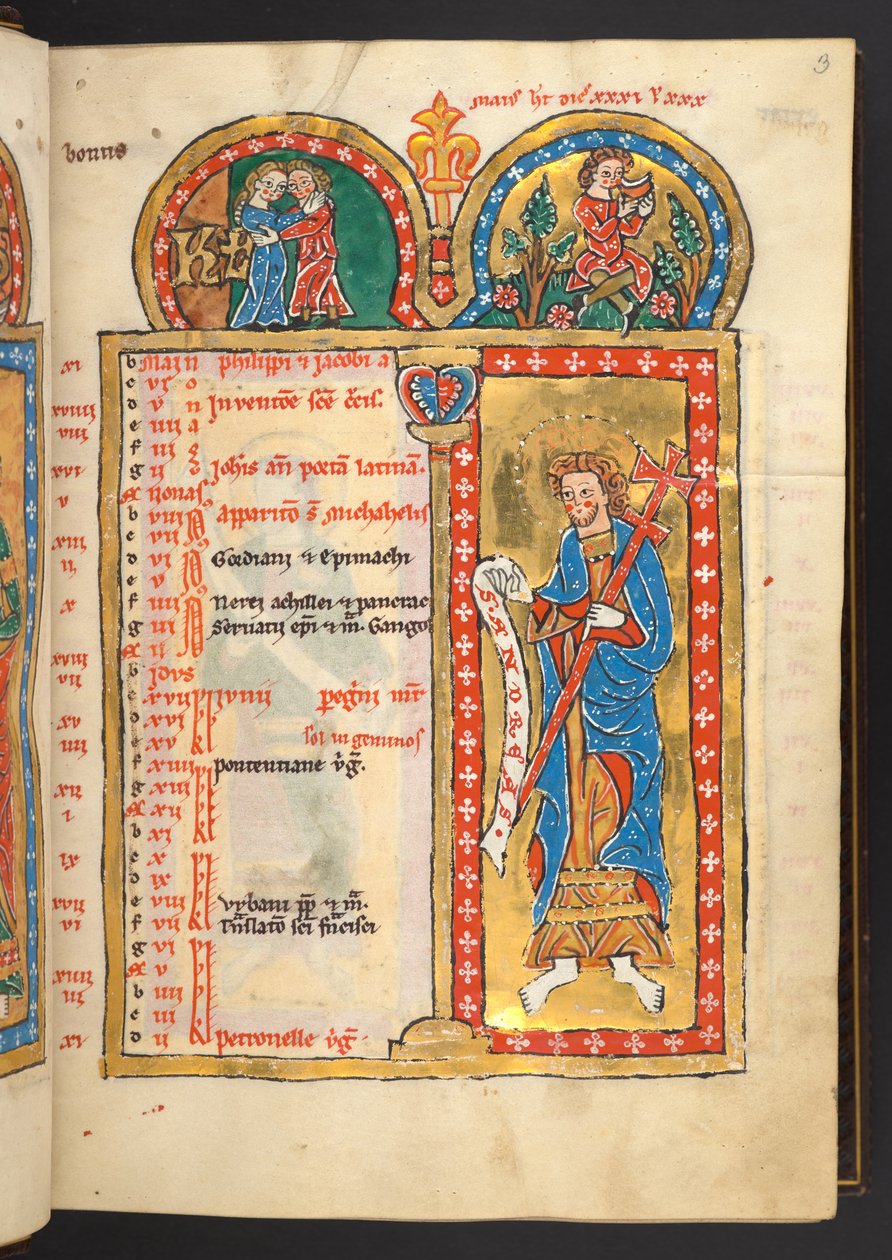 Lägg till. 60629, f.3 maj, från 12 kalendersidor i guld och färger, med arkitektoniska ramar som var och en innehåller ett stjärntecken, en apostel och ett månadsarbete (vellum) av German School