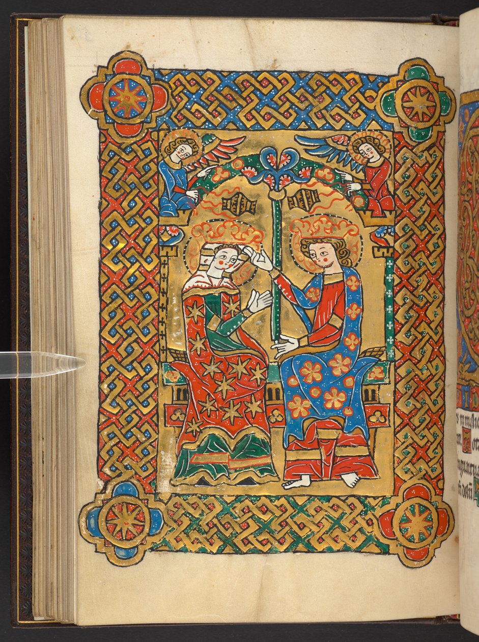 Lägg till. 60629, f.56v Jungfruns kröning, med rökande änglar (vellum) av German School
