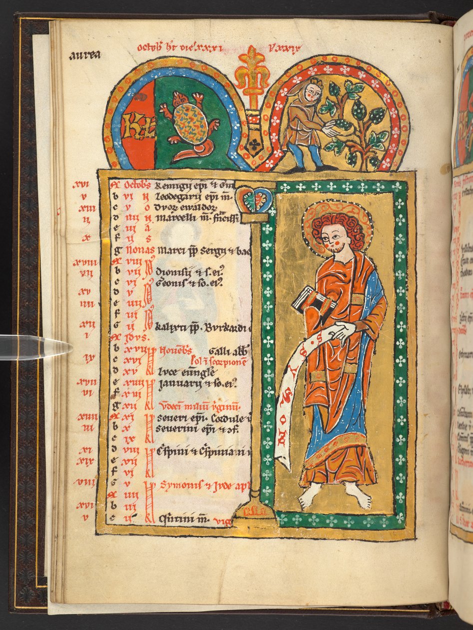 Lägg till. 60629, f.5v oktober. 12 kalendersidor i guld och färger, med arkitektoniska ramar som var och en innehåller ett stjärntecken, en apostel och månadens arbete.  Psaltare. Upplyst psalter med en kalender, canticles och litanier för användning av nu av German School