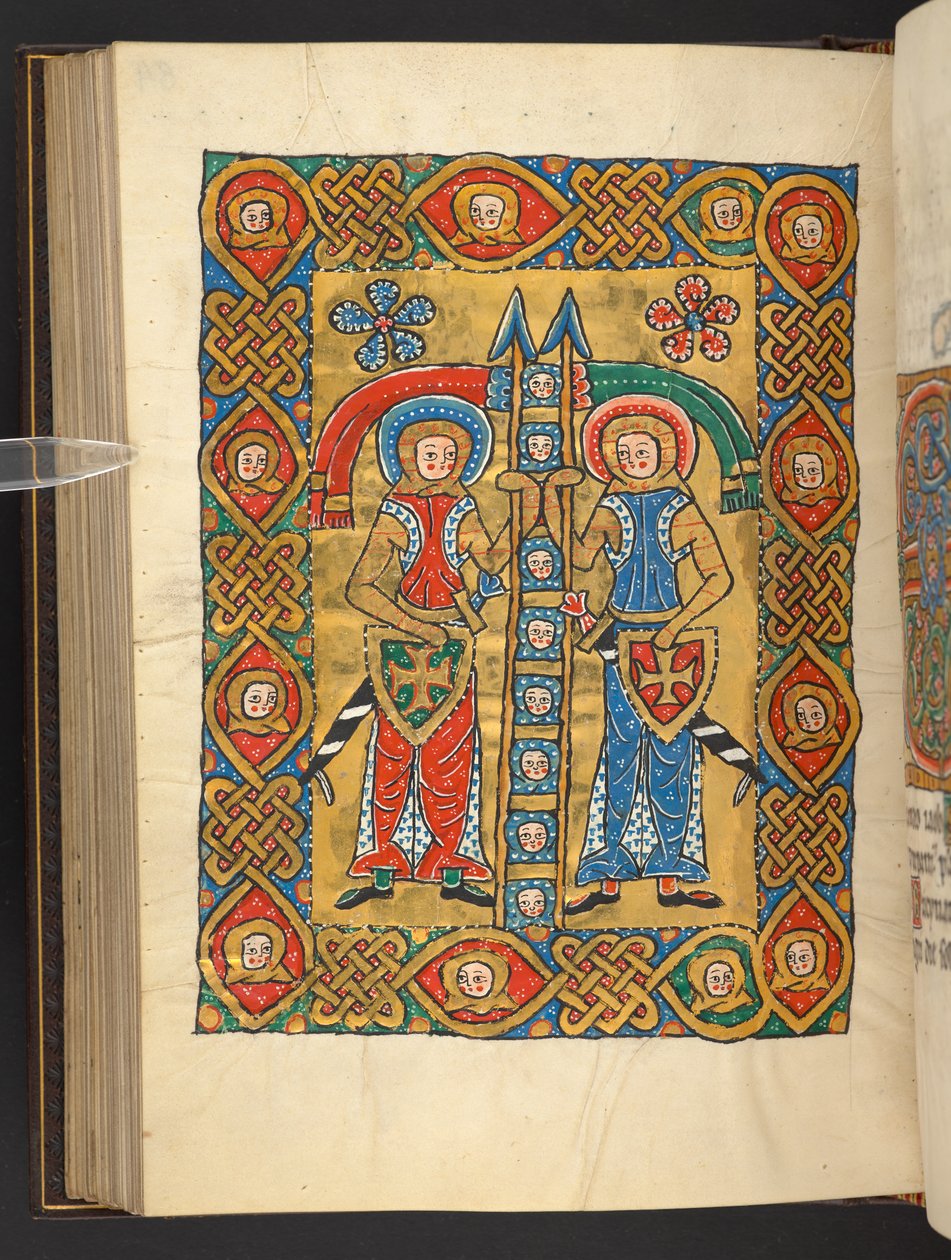 Lägg till. 60629, f.84v Två militära helgon, med andras huvuden (vellum) av German School