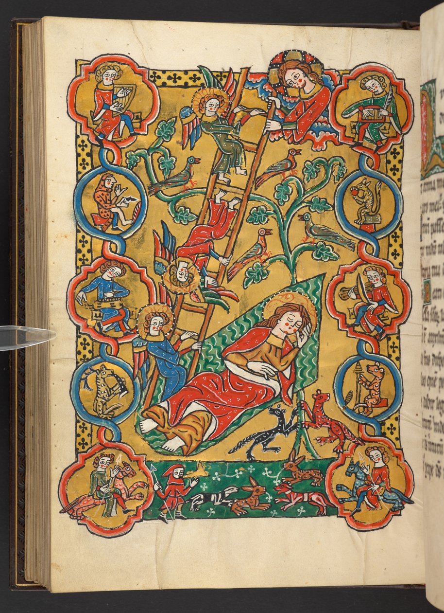 Lägg till. 60629, f.87v Jakobs stege, med ett livsträd och musiker, djur, en man som värmer sina fötter och en jaktscen (vellum) av German School