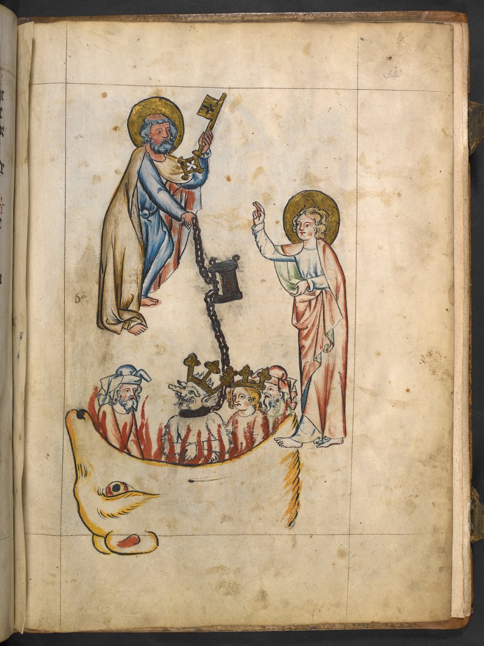 Lägg till MS 15243 f.34r Angel som håller nyckeln till en bottenlös grop, illustration från 