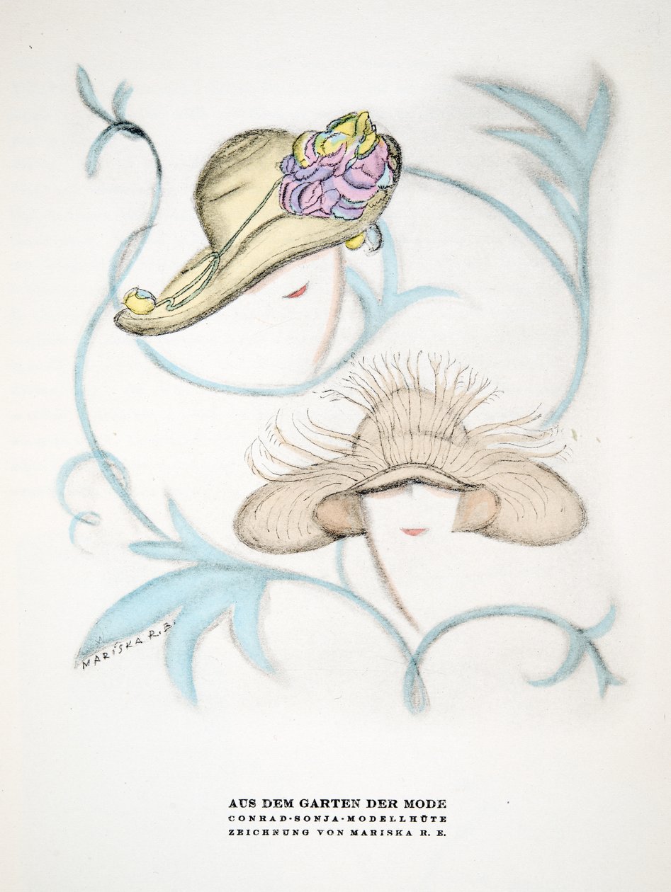 Annons för hattar av Conrad Sonja, ur Styl, utg.1922 (pochoirtryck) av German School