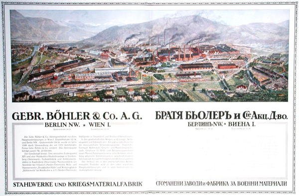 Annons för det österrikiska företaget Gebr.Boehler & Co:s stålverk och vapenfabrik, från en bulgarisk almanacka, ca 1916 (färg litho) av German School