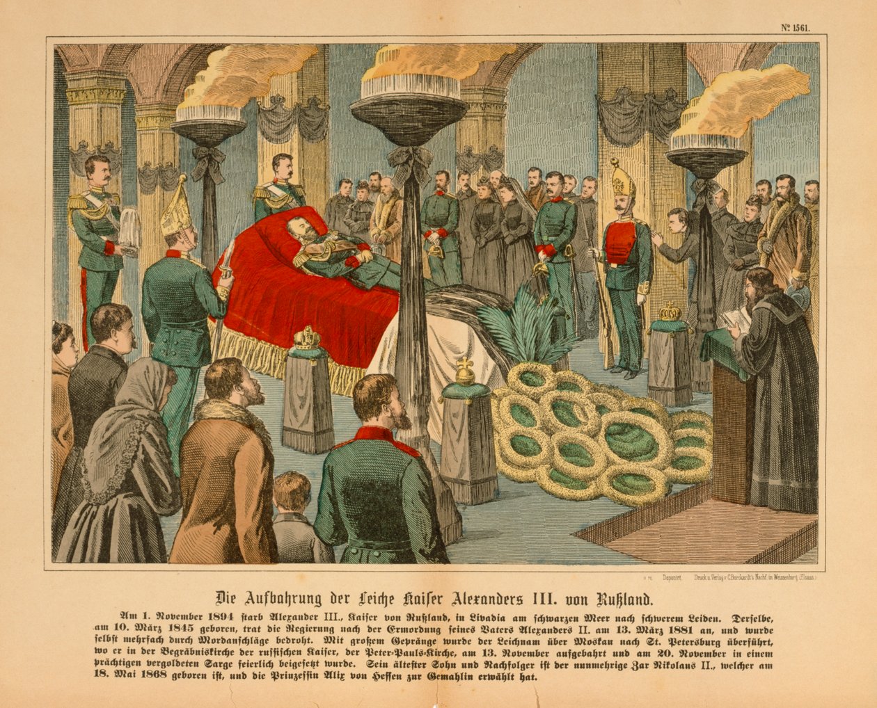 Alexander III av Ryssland liggande i staten den 1 november 1894 (bildblad publicerat av C. Burckhardt, Weissenburg, 1894 av German School