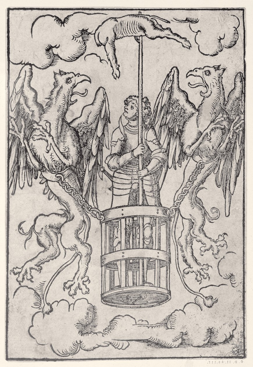 Alexander den store buren upp i luften av två gripare, c.1525 av German School