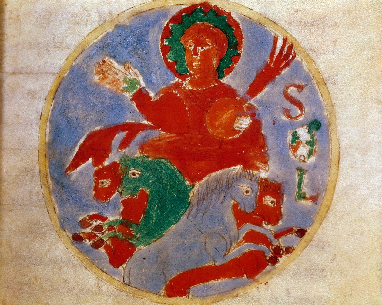 Allegorisk framställning av solminiatyren hämtad från volymen "de sole" i "De Universe" (eller De rerum naturis (De la Nature des choses)) (kod 132) av Rabanus Maurus Magnentius (eller Raban Maur eller Rabano Mauro) ( ca 780-856). 800-talet. Arkiv av German School