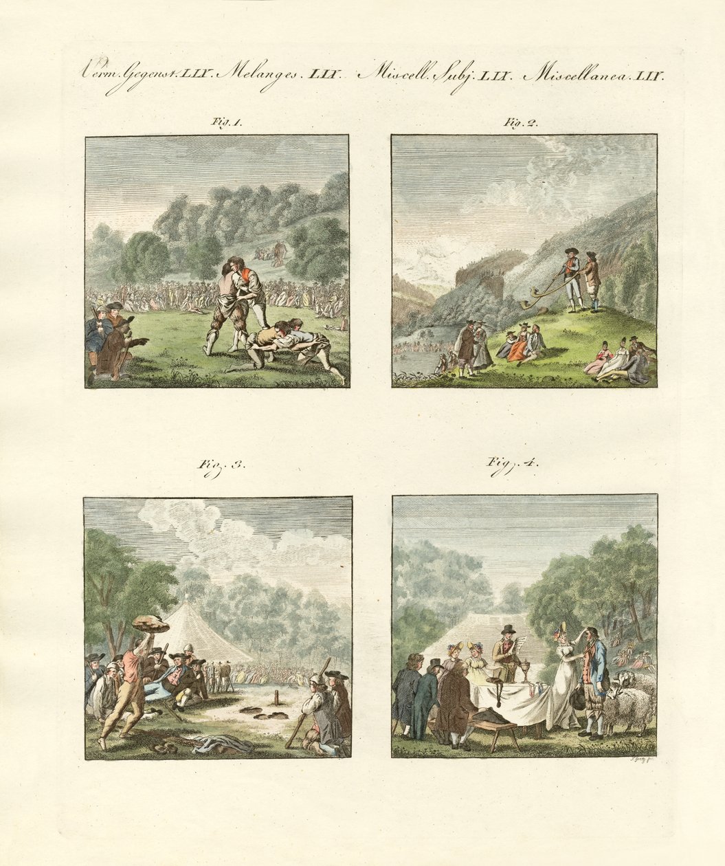 Alpernas skärningsfestival nära Unterseen i Bernese Oberland, Schweiz (färgad gravyr) av German School