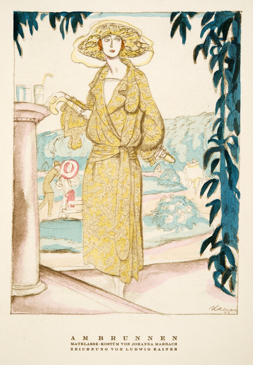 Am Brunnen, dräkt av Johanna Marbach, från Styl, utg.1922 (pochoirtryck) av German School