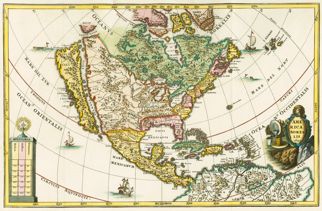 Amerika borealis. Karta över Nordamerika som visar Kalifornien som en ö, från Heinrich Scherers Geographia hierarchica av German School
