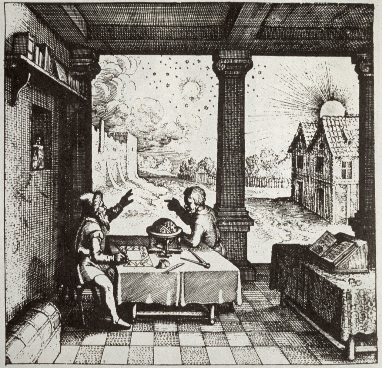 En astrolog som gjuter ett horoskop, kopia av en illustration från Utriusque Cosmi Historia av Robert Fludd, Oppenheim 1617, använd i en historia om magi, publicerad i slutet av 1800-talet av German School