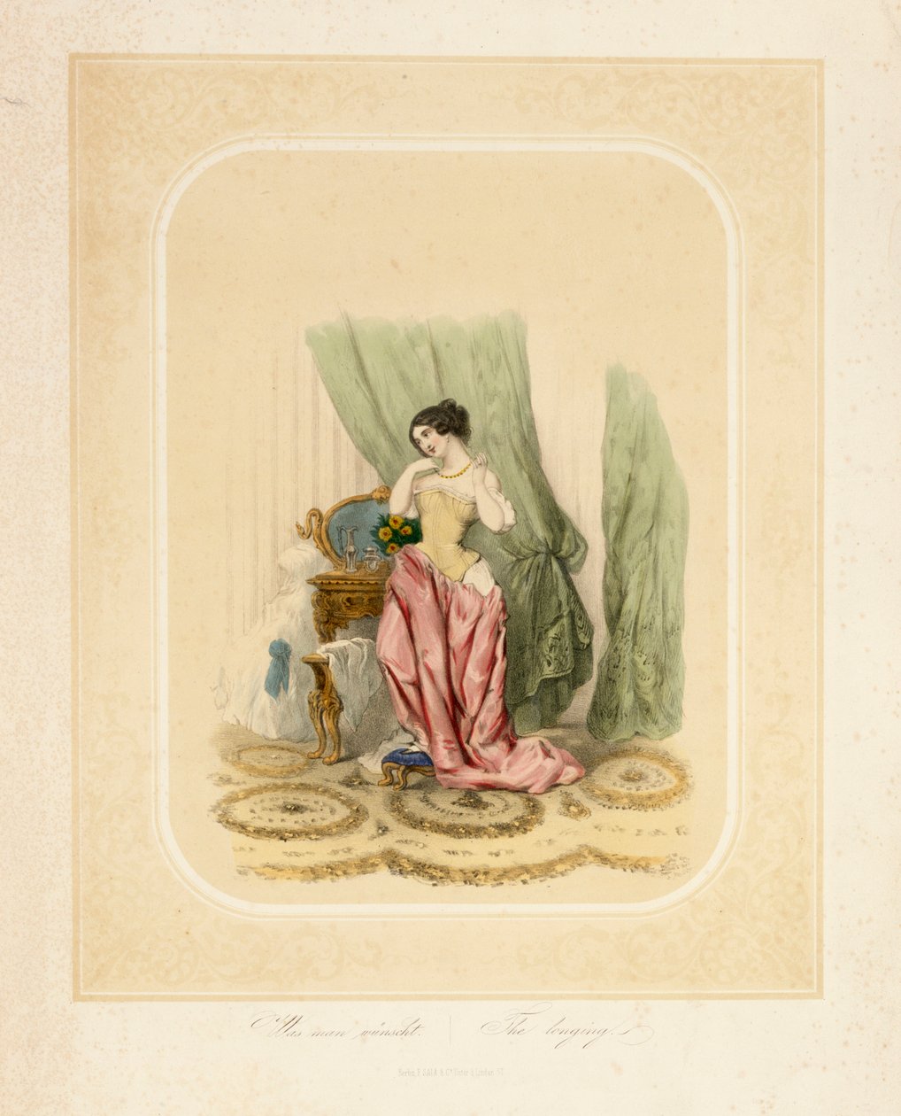 En elegant dam vid sitt sminkbord, tryckt av F. Sala & Co, Berlin, ca 1850 av German School