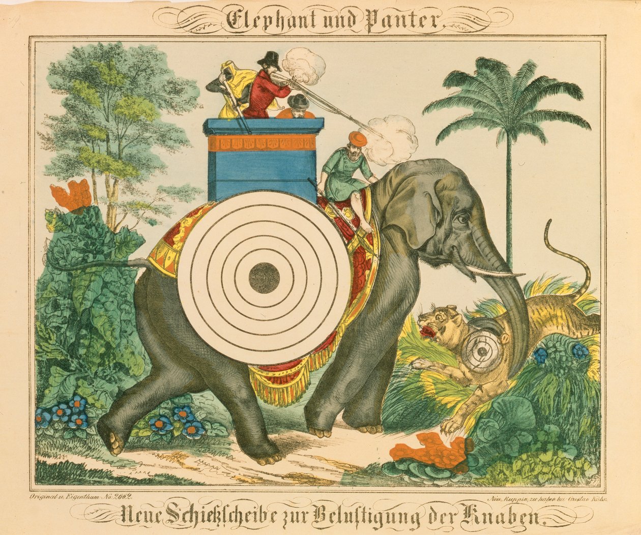 En elefant och panter med mål, från Neuruppiner Bilderbogen, 1850 av German School