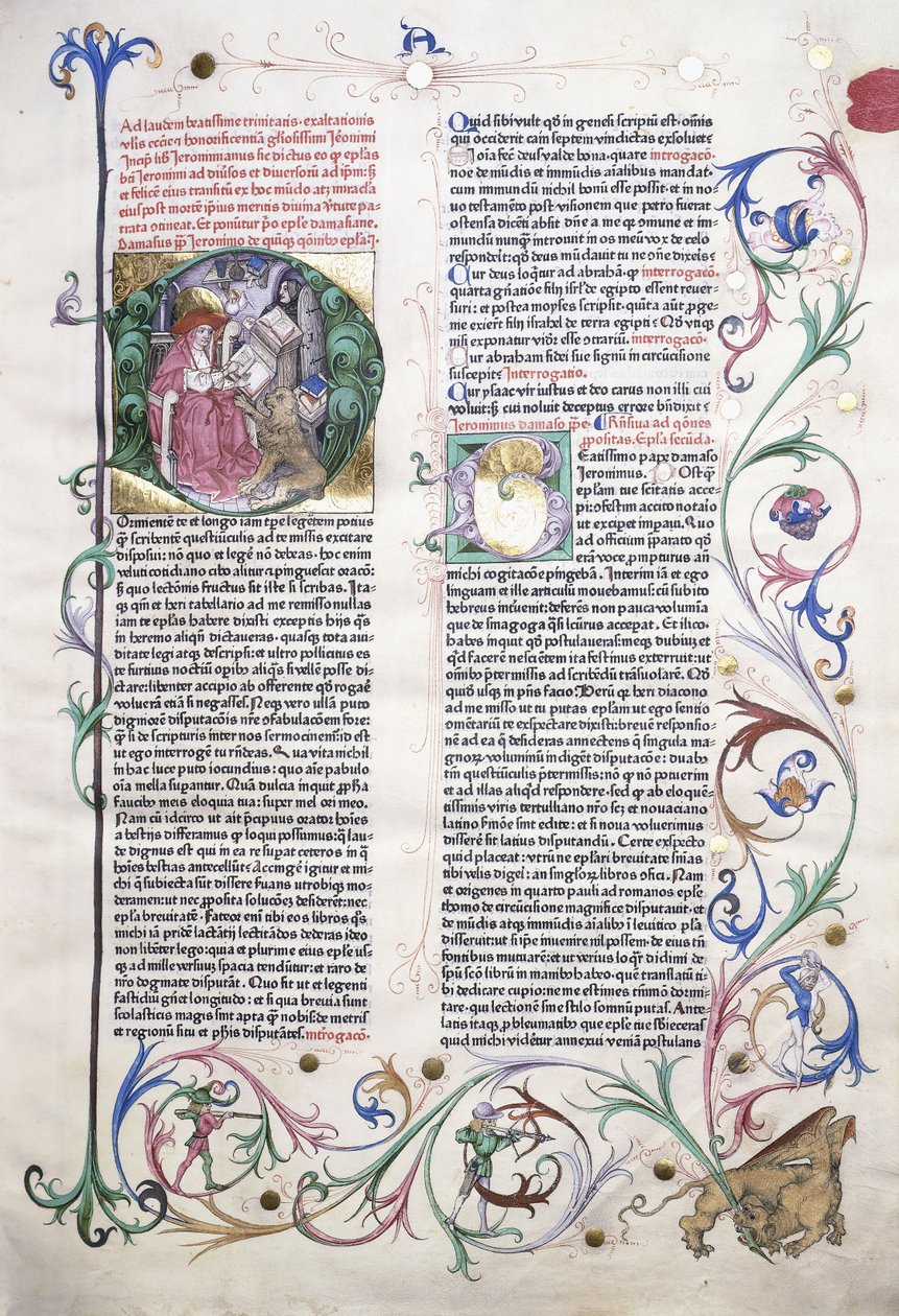 En upplyst sida som föreställer S:t Hieronymus i hans arbetsrum och en gräns med en gripen attackerad av tre män, 1470 av German School