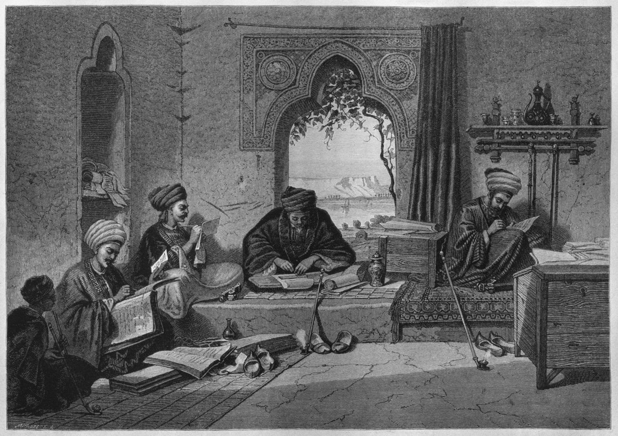 Ett kontor i Girgeh, från LEgypte av Georg Moritz Ebers (1837-98), 188 (bw gravyr) av German School