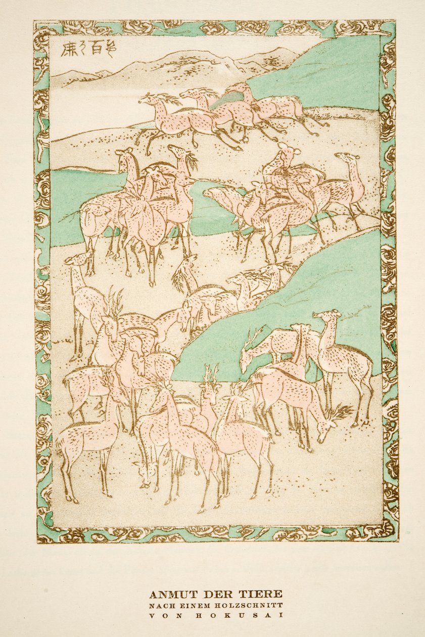 "Anmut der Tiere" efter ett träsnitt av Hokusai, från Styl, pub.1922 (pochoirtryck) av German School