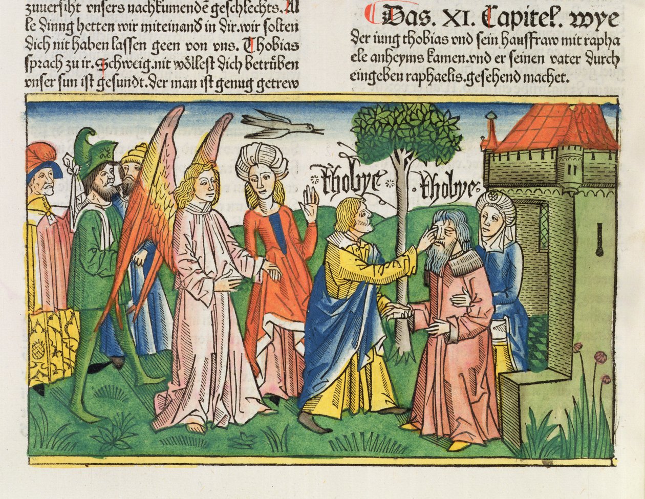 Apokryfer: Tobias återställer sin far Tobits syn med fiskens galla, från Nürnbergbibeln (Biblia Sacra Germanaica) (färgat träsnitt) av German School