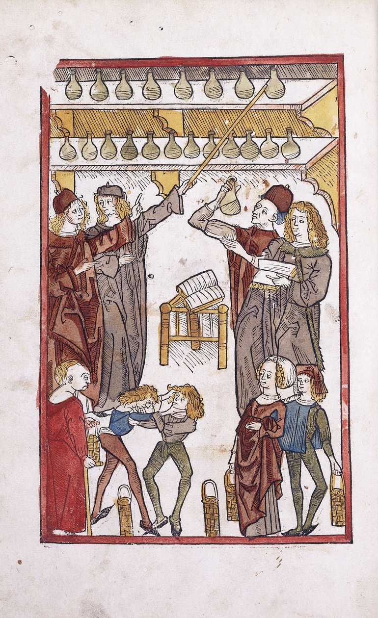 Apoteker och drycker, med två pojkar som slåss i förgrunden, 1491 av German School