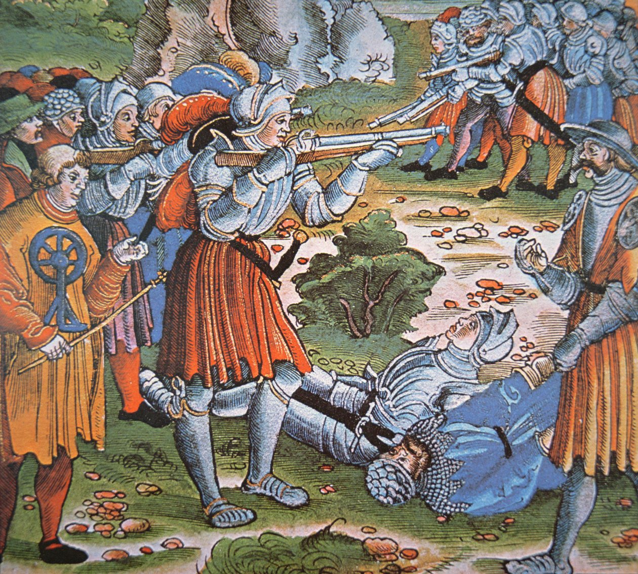Pansarsoldater avfyrar tändstickslås Arquebus, sent 1400-tal (handfärgat träsnitt) av German School