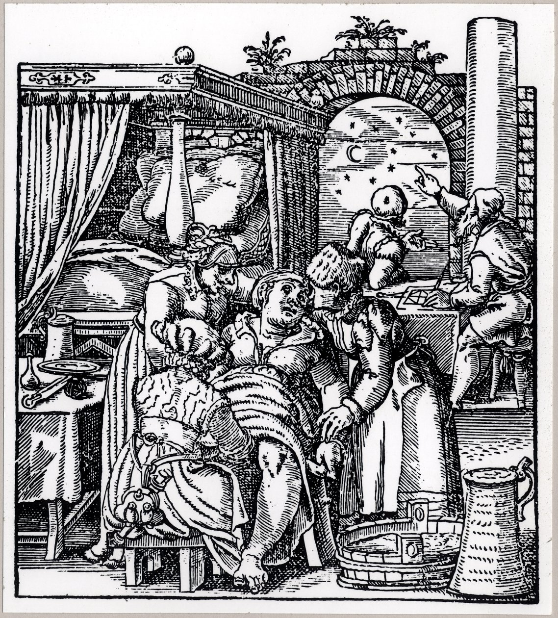 Astrologer kastar ett horoskop för barnet som föds till en kvinna i en födelsestol, från De Conceptu et Generatione Hominis av Jacob Rueff, publicerad i Frankfurt, 1587 av German School