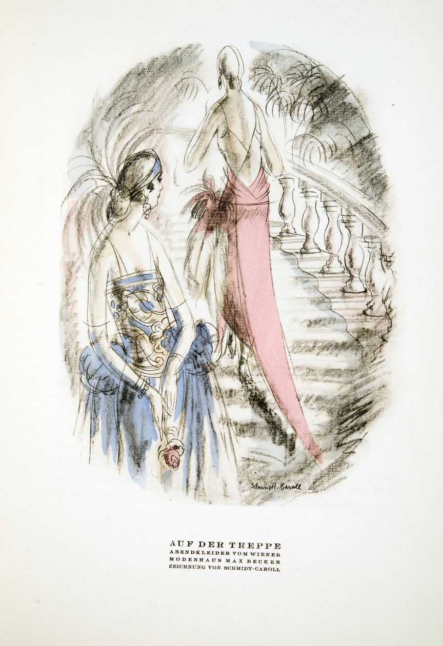 On the Stairs, Evening Dresses by Wiener, from Styl, pub.1922 (pochoir print) av German School