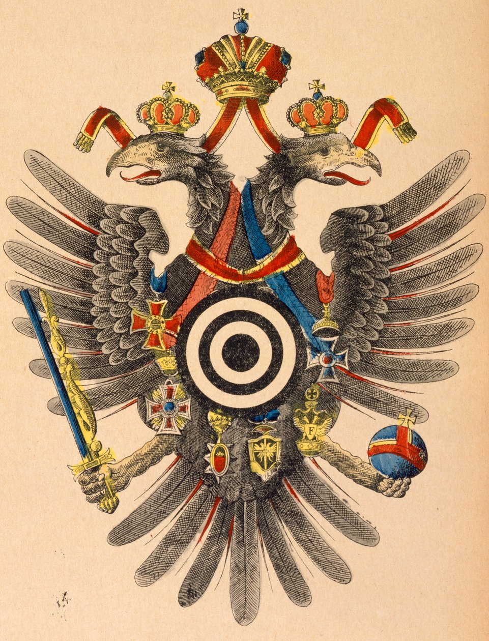 Österrike-Ungerns kejserliga vapen som mål för bågskytte, ca 1865 (färgat träsnitt) av German School