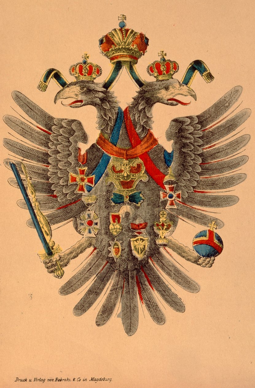 Österrike-Ungerns kejserliga vapen, utgiven av Robraki & Co., Magdeburg, ca 1865 (färgat träsnitt) av German School