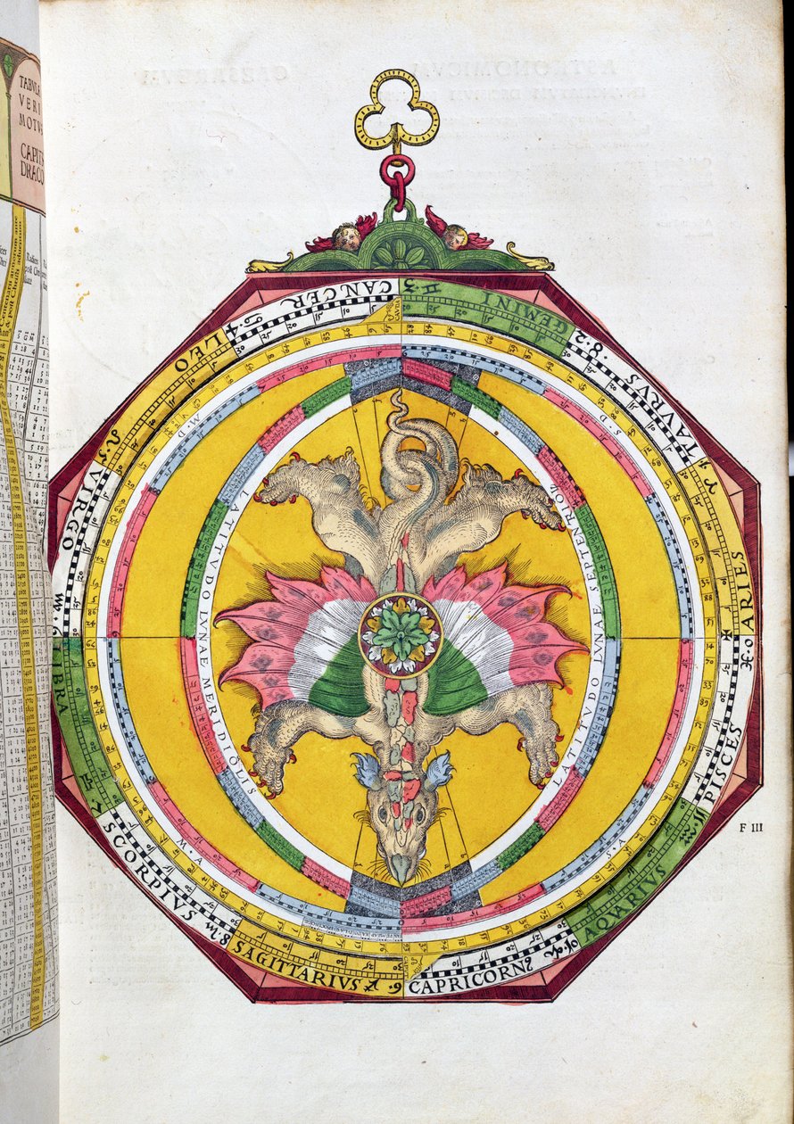 BT1.70.2 Volvelleor med zodiaken, illustration från Astronimicum Caesareum av Peter Apian (Bennewitz) (1495-1552) pub. i Ingolstadt, 1540 (färgat träsnitt) av German School