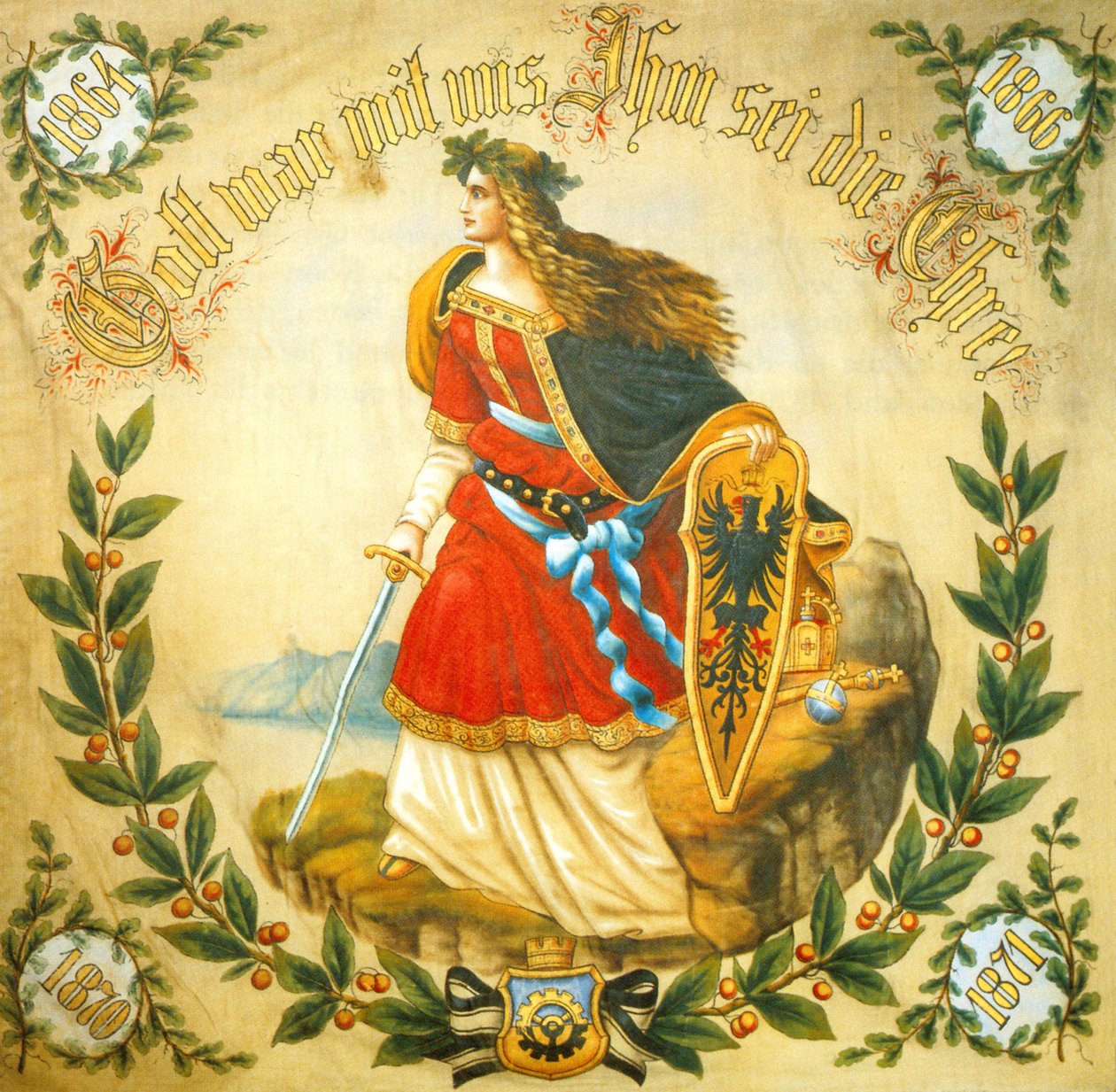 Banderoll med bilden av Germania, symbol för ett enat Tyskland, ca 1918 (tryck) av German School