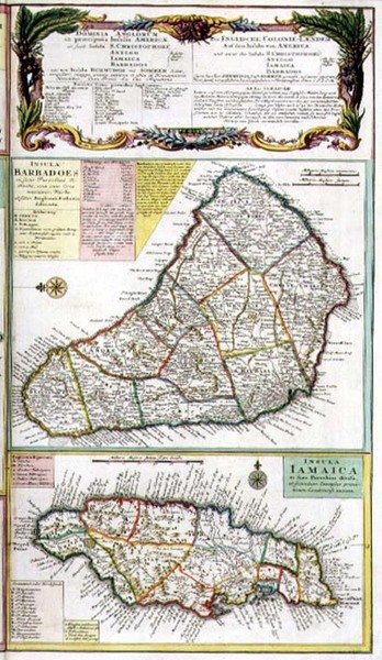 Barbados och Jamaica, detalj från en karta över engelska kolonier i Karibien, pub. av Homanns Heirs, Nürnberg, ca 1750 (detalj av 101836) av German School