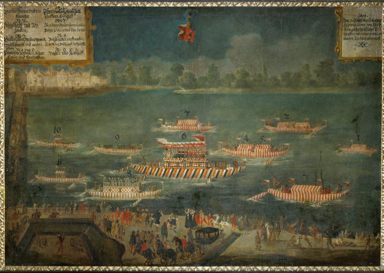 Baron Kuefstein, kejserlig ambassadör vid sultanens hov, beger sig till sin post med båt längs floden Donau... av German School