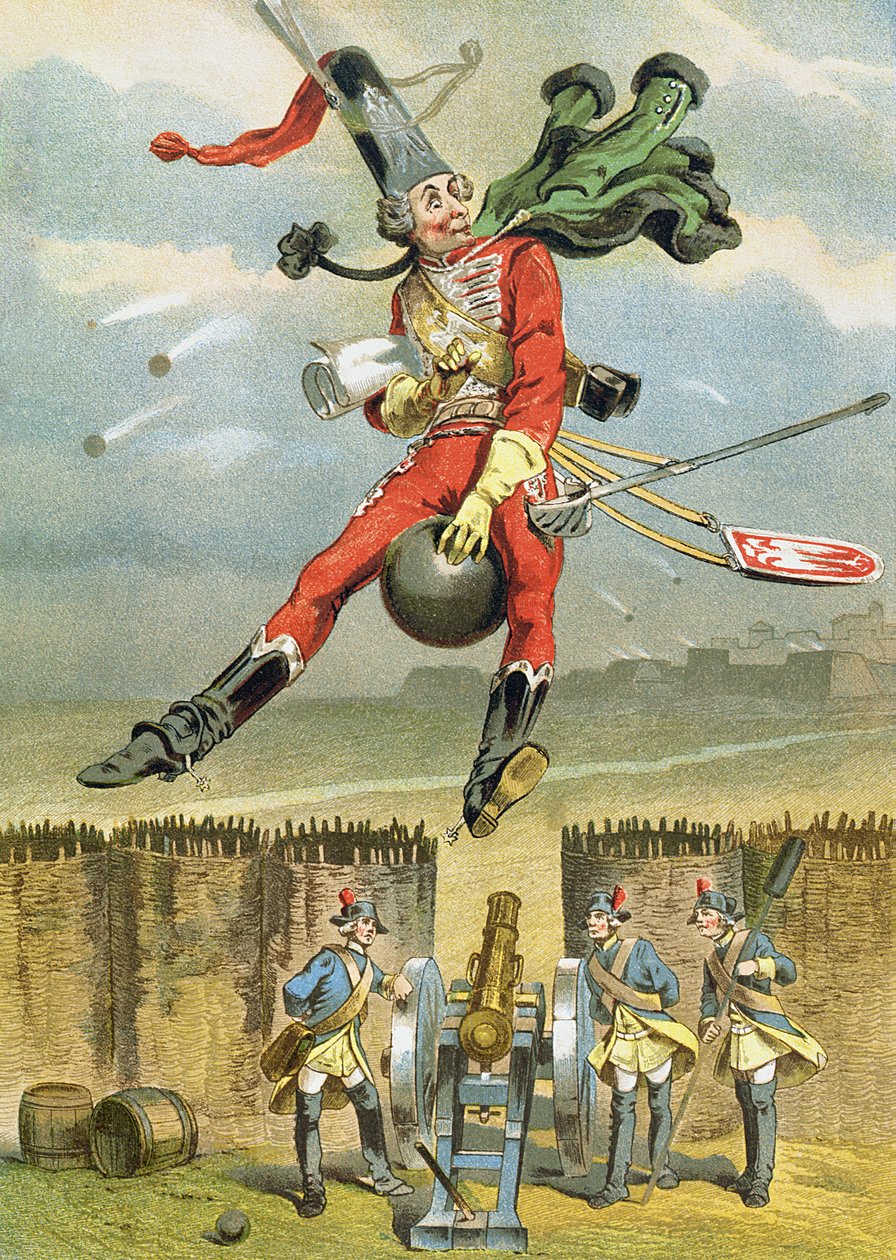 Baron Munchausen flyger över fiendens linjer på en kanonkula, illustration från en tysk upplaga av Baron Munchausens äventyr av German School