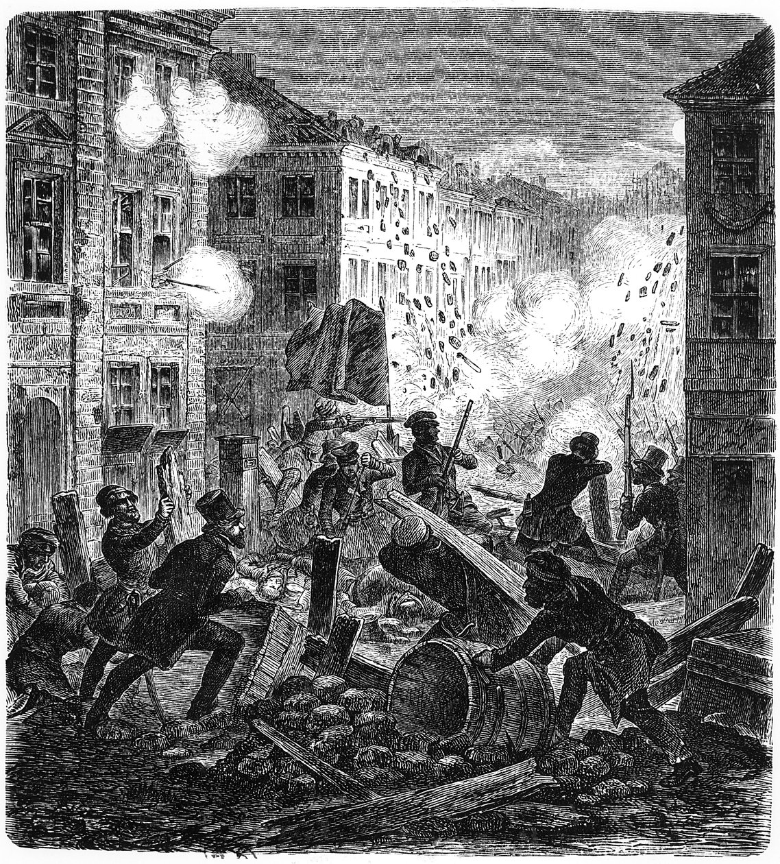 Barrikader i Berlin under den tyska revolutionen 1848 av German School